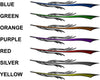 Row of the seven color samples available for the dart decal stripes. Colors shown are blue, green, orange, purple, red, silver, yellow.